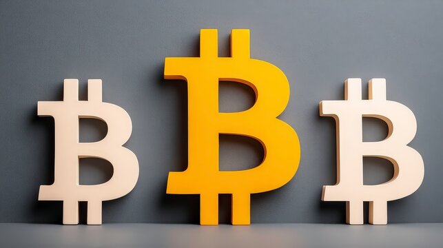 Three Bitcoin symbols in gold and white matte tones, modern cryptocurrency concept for financial markets, blockchain technology, digital investment and fintech business