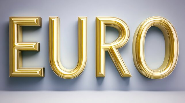 Golden EURO word in bold 3D typography, modern financial illustration symbolizing European currency, investment, banking, economy growth and wealth management