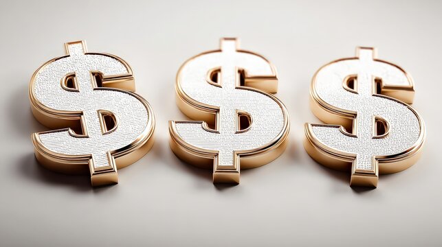 Three golden dollar symbols on minimal background, premium 3D illustration for finance, business investment, wealth, economy, banking and financial growth concepts