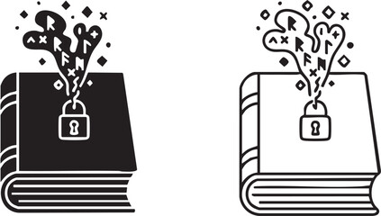 Open book silhouette with lock and bubbles isolated on transparent background