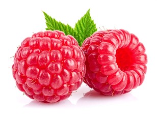Two ripe red berries with green leaves, isolated against a white background, studio shot