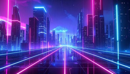 Cyberpunk city futuristic skyline with vibrant neon lights and glassy reflections on a wet street