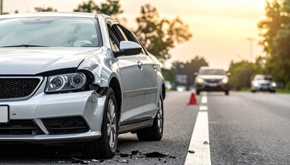 Fototapeta premium Damaged car on roadside at sunrise or sunset with crushed front and scattered debris