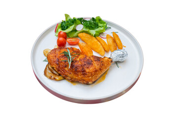 A delicious chicken dish served on a plate with sides