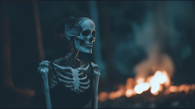 emale Skeleton Figure Standing by Firelight in a Dark Atmospheric Scene