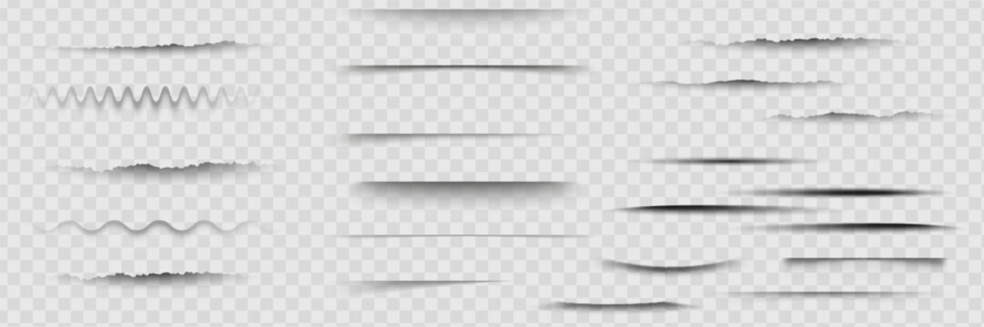 Various transparent shadows and straight linear to curved shapes on white background. Different intensity levels with depth and shading effects. Realistic