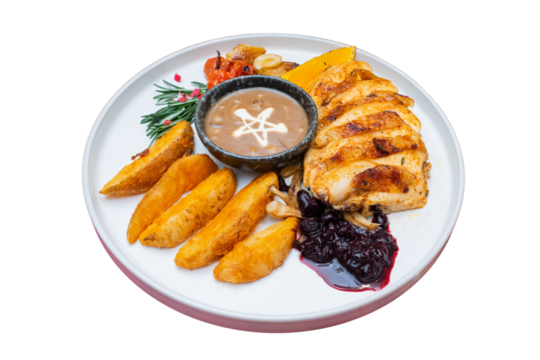 A delectable plate featuring a perfectly grilled chicken breast, accompanied by potato wedges, gravy, and assorted vegetables, creating a symphony of flavors and textures
