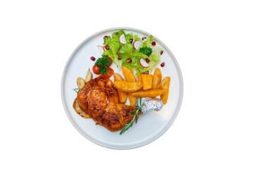 A delicious and appetizing roasted chicken dish with salad and fries, ready to be enjoyed. The roasted chicken has golden-brown skin, served on a white plate with fresh salad and golden french fries