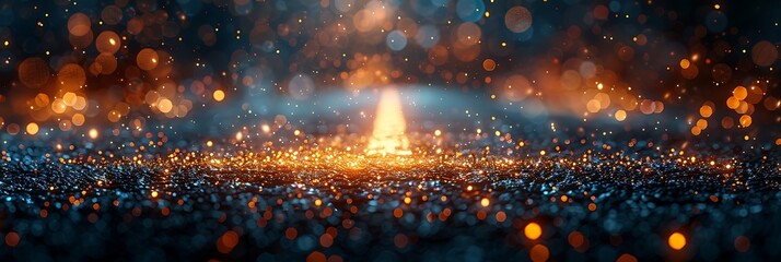 Panoramic View of Glowing Particles on a Dark Background With Bokeh Effect