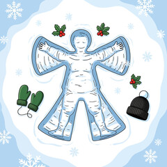 A whimsical hand-drawn illustration of a person making a snow angel, a joyful winter outdoor activity