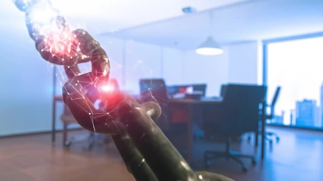 Glowing digital chain links highlight a conference room setting, symbolizing data and information