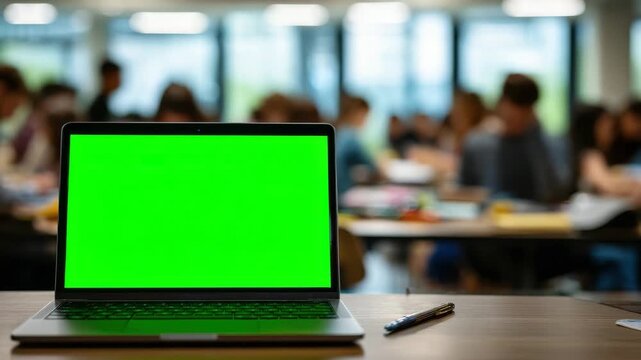Laptop with Green Screen Chroma Key Display on Wooden Desk in Blurred Classroom Setting with Students Studying in Background