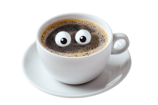Fun coffee cup sleepy eyes isolated on transparent background