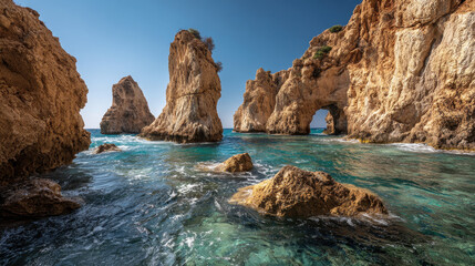 Fototapeta premium Rocky cliffs and turquoise water create a beautiful seascape on a sunny day by the coast line