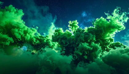 Eerie green smoke swirls against a starlit night sky, forming nebulous shapes, creating a mysterious atmosphere
