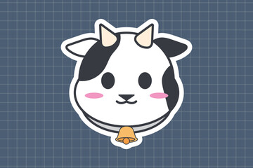 Kawaii Cow Face Illustration. Cute Cartoon Farm Animal Sticker Design Template