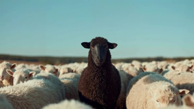 Atmospheric video features a black sheep standing among white sheep highlighting individuality contrast and natural beauty through pastoral scenery expressive textures and thoughtful composition