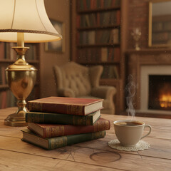 Cozy library scene with a stack of vintage books and a steaming cup of coffee on a wooden table, beside a warm fireplace and armchair