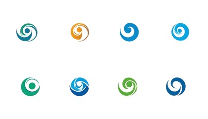 Eight abstract, swirling circle icons, each a unique color combination on a white background, forming a clean graphic array