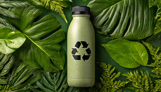 A recyclable bottle and eco-friendly symbol on a green background with lush leaves - Powered by Adobe
