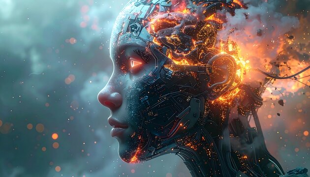 Cyborg woman's head engulfed in flames, wires and parts exposed, against a cloudy sky background, digital art - Powered by Adobe