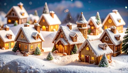 Gingerbread Village in Snow with Christmas Scene, and Winter Landscape.