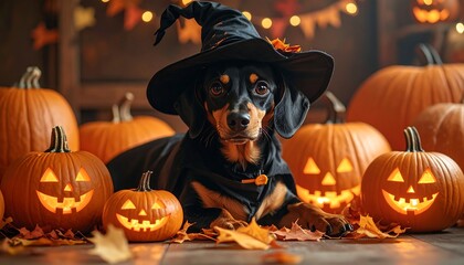 Dachshund with a witch hat surrounded by jack-o'-lanterns and fall leaves on a wooden floor