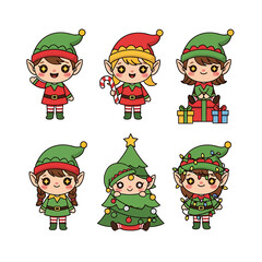 Adorable collection of six cute kawaii Christmas elf characters celebrating the winter holidays. A festive set of Santa's little helpers