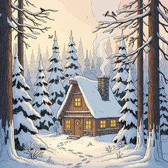 Charming A-frame cottage with a warm glowing light, surrounded by snow-covered trees in a peaceful winter landscape illustration