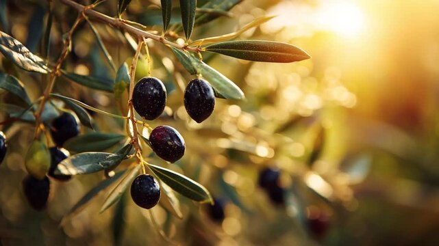 Organic ripe olives growing on olive tree with coast background, black olive fruit on tree branch, healthy vegetarian food, olive trees in mountain Like the one in Mediterranean Sea.