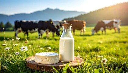 Dairy still-life with cheese and milk against a field where cows graze, under a bright, sunlit sky