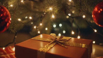 A golden-wrapped gift rests under a festive Christmas tree sparkling with warm lights and vibrant red ornaments