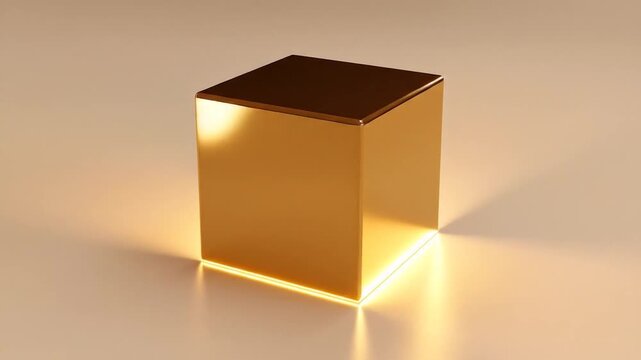 A lustrous golden cube stands with a subtle glow at the base and reflected ambient light