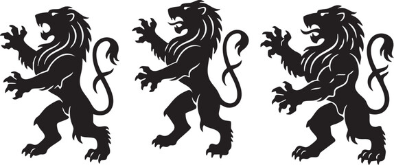 Three rampant lion silhouettes in black isolated on transparent background © ShamimReza