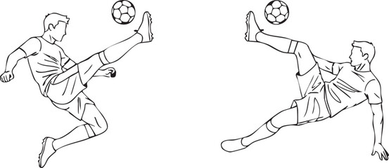 Two athletic football players performing bicycle kicks silhouette isolated on transparent background