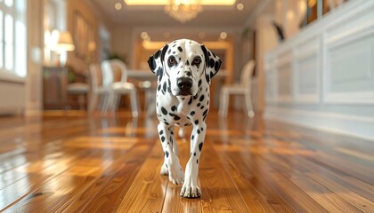 Dalmatian dog walks on shiny wood floor in ornate home. Bright, blurred background shows table and decorative objects