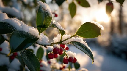 Closeup Of Holly Berries And Leaves Covered In Snow On A Cold Winter Morning With Sun Flare In The Background - Powered by Adobe