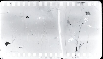 Damaged monochrome film strip with sprocket holes, scratches, dirt, and light leaks, evoking vintage atmosphere