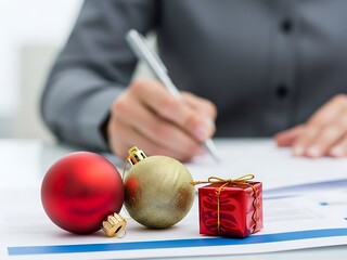 A person in a grey shirt writes on paper with Christmas ornaments and a small gift box on the desk.