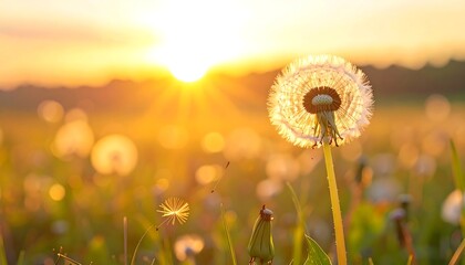 Dandelion seed head glows in a field during golden hour, with setting sun, creating bokeh effect