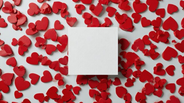 Artistic Greeting Card Mockup Surrounded by Scattered Red Heart Shapes on a Light Surface