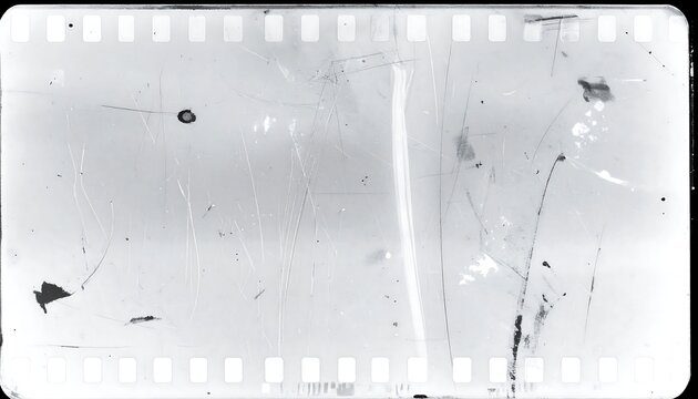 Damaged monochrome film strip with sprocket holes, scratches, dirt, and light leaks, evoking vintage atmosphere