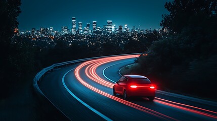 Red car driving at night on a curving highway with dynamic red light trails and a glowing city skyline in the background.