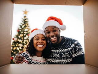 View from inside a gift box of a joyful couple in Santa hats opening a Christmas present.