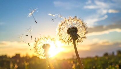 Dandelions backlit by a golden sunset, seeds floating in air above a field