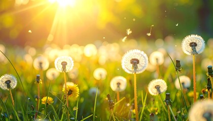 Dandelions fill a sunlit field with floating seeds, green grass, and bright golden light in a natural scene