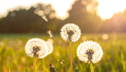 Dandelions in a field, seeds blowing in the golden light of sunset, creating a dreamy, ethereal atmosphere