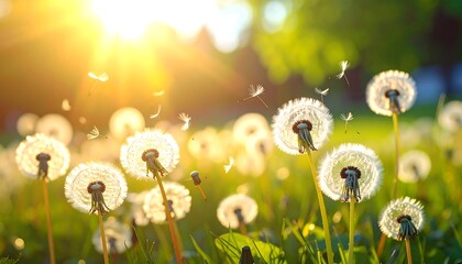 Dandelions in a field bask in the sun with seeds drifting. Peaceful, bright, natural, and soft