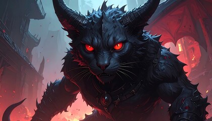 Dark, armored cat-like creature with horns, set against a blurred, gothic cityscape background with red light