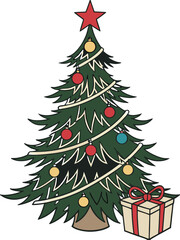 Watercolor Christmas tree with detailed ornaments, scattered confetti, and star, no background, bright winter illustration, New Year celebration vector.